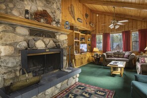 TV, fireplace, DVD player, books