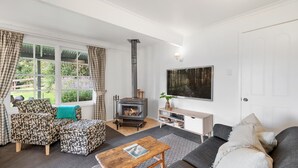 A cozy living room with a fireplace, a sofa, a coffee table, and a TV. - Alcheringa Cottage - Amazing location with views! (KANGAROO VALLEY)