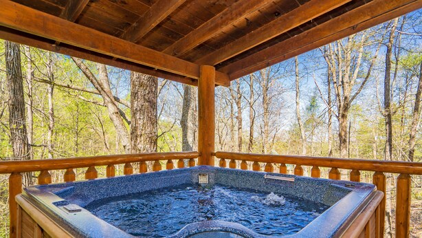 Un jacuzzi en un pabellón de madera con vistas a un bosque.