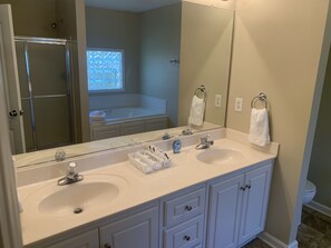 Hair dryer, towels, soap, shampoo