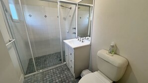 A bathroom with a glass-enclosed shower, a white sink with a mirror, and a toilet.