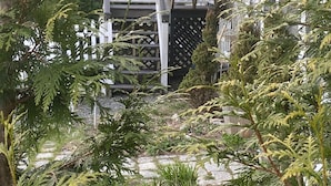 A two-story house with a wooden deck and a covered outdoor area. - Chic Farmhse Cottage, private  beach, WiFi unlimited streaming/zoom, A/C, 600sf (Blue Hill)