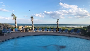 Une piscine bordée de chaises longues et de palmiers, avec vue sur l’océan.