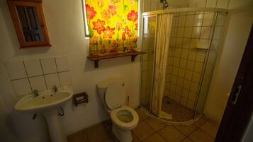A bathroom with a toilet, sink, shower, and a window with floral curtains.