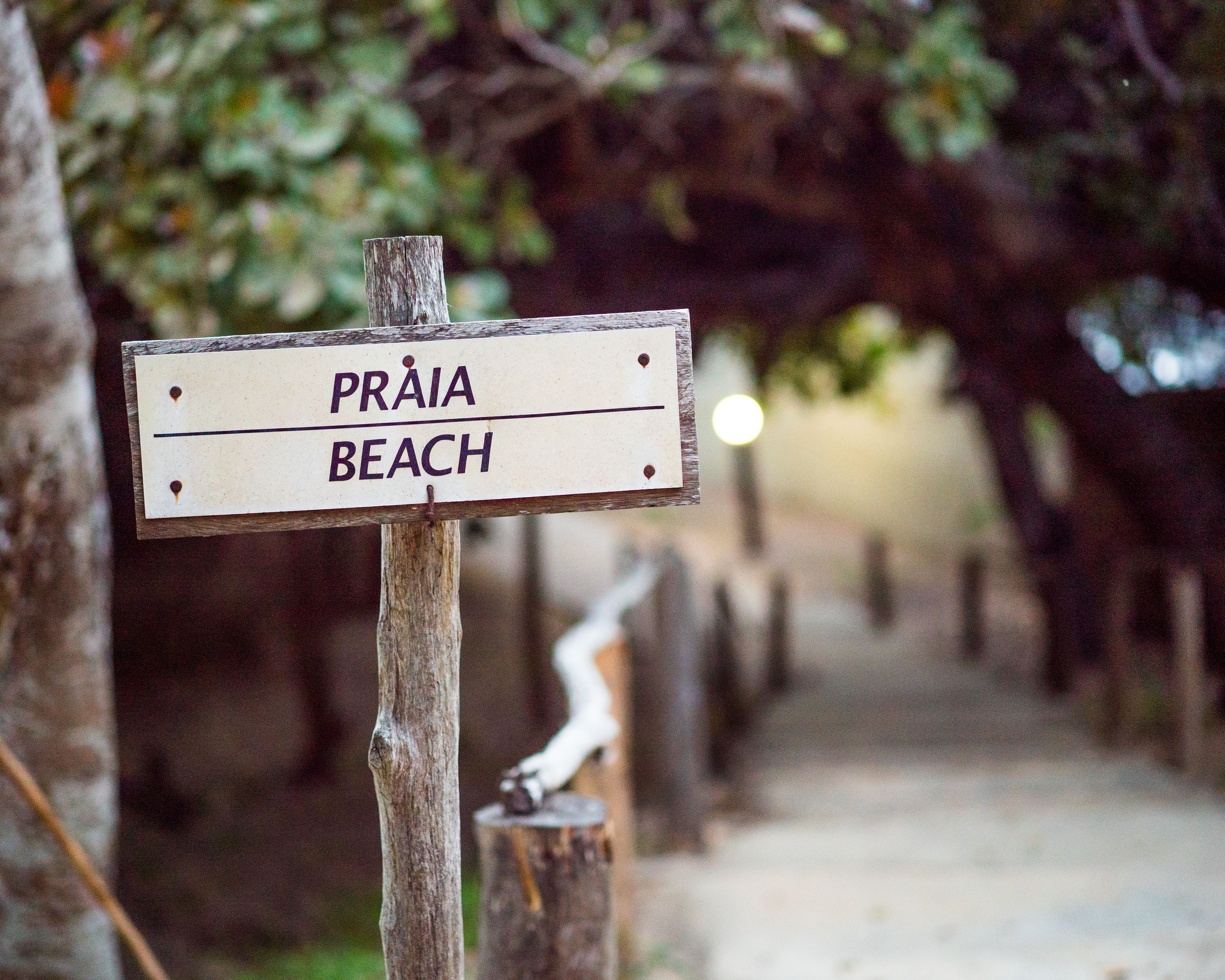 Un poste de madera con la inscripción 'Praia Beach' señalando una playa.