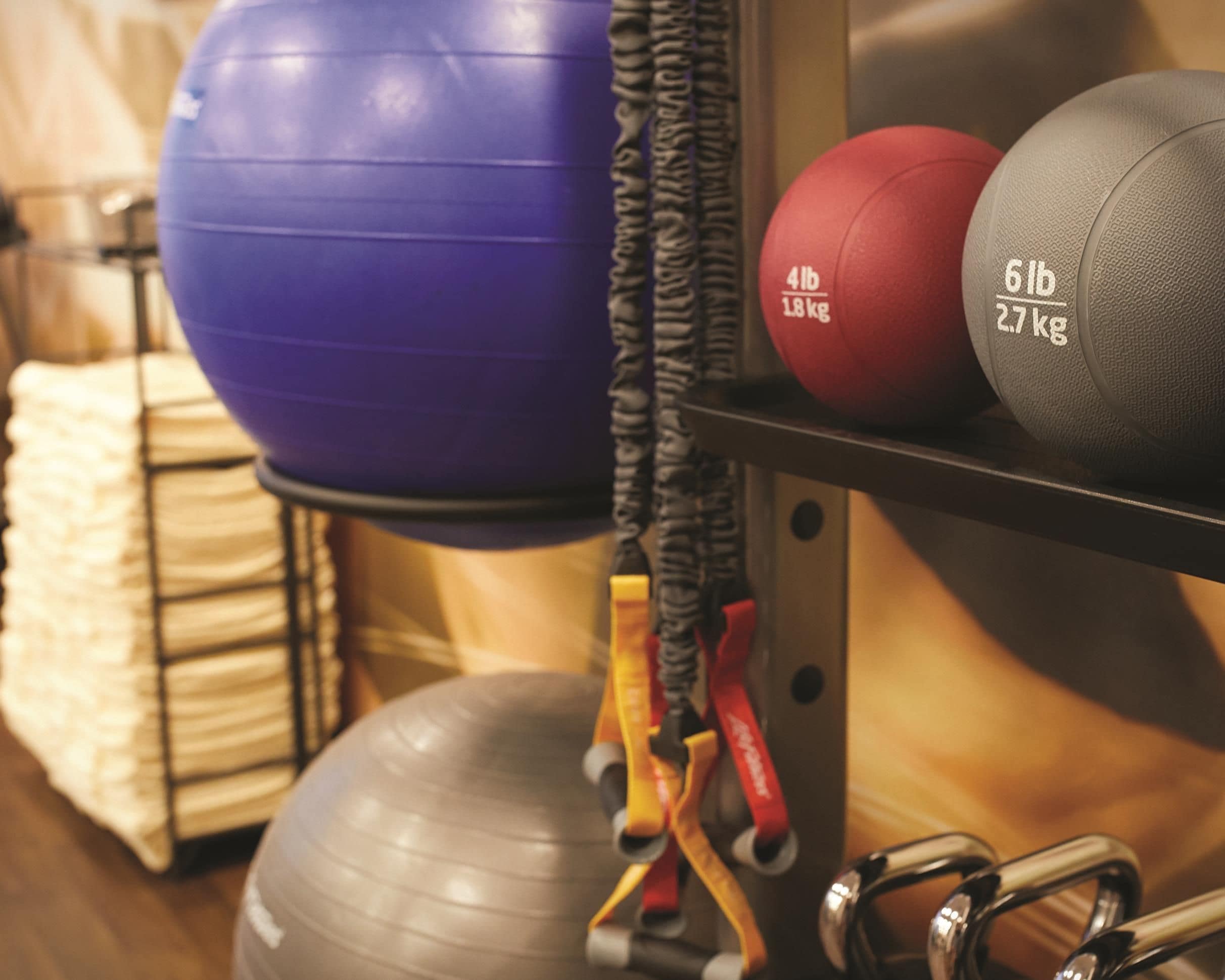 A gym with exercise equipment including a blue medicine ball, a red medicine ball, and a grey medicine ball.