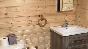 Shower, towels, soap, toilet paper