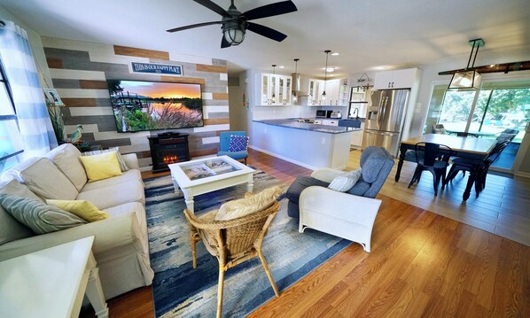 Smart TV, fireplace, video games, DVD player