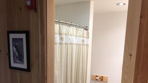 Une salle de bain au sol en bois, avec un rideau de douche à rayures, des toilettes et un tableau encadré accroché au mur.