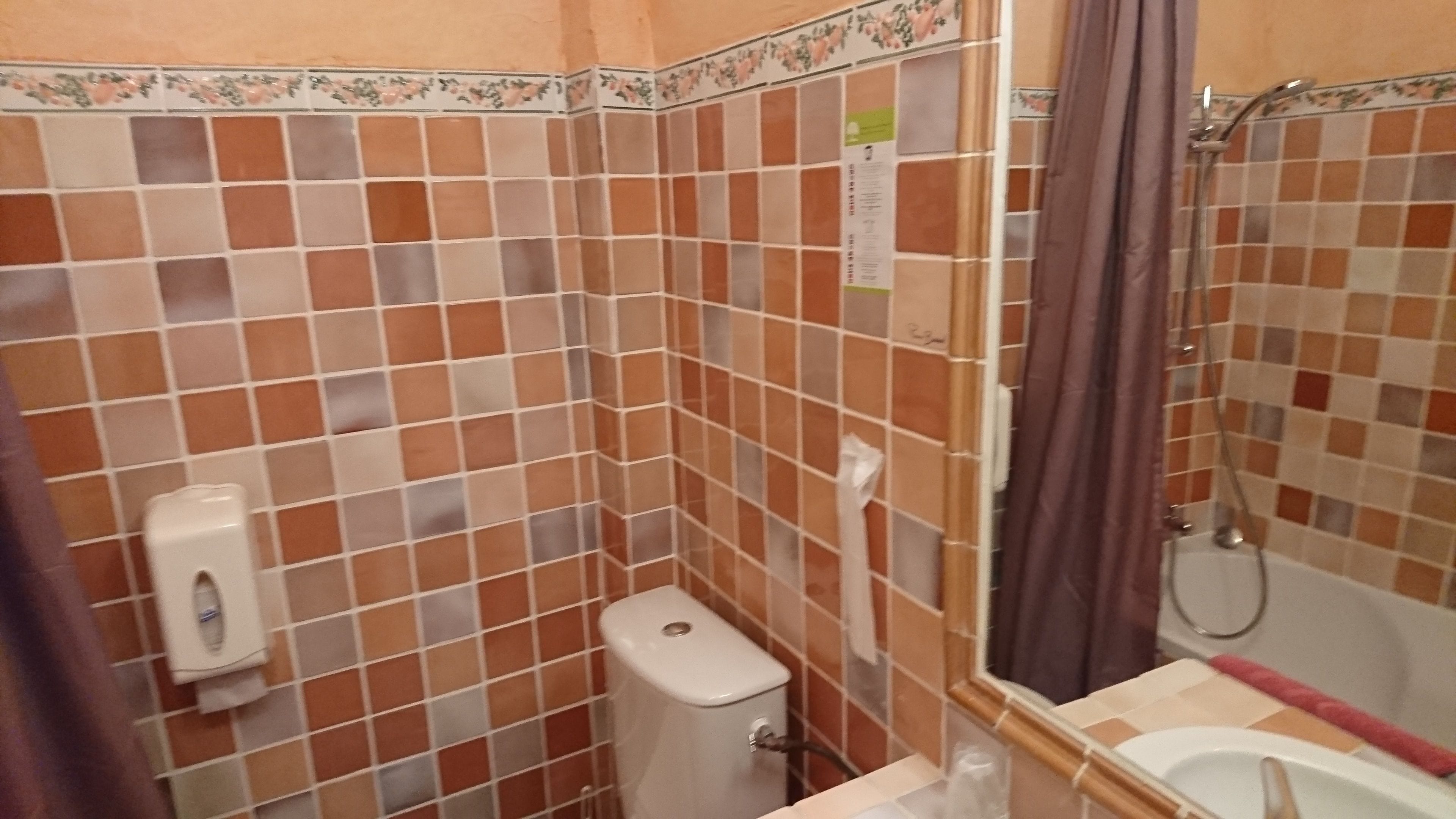 Un baño con paredes de azulejos, un inodoro, un secador de manos y una zona de ducha.