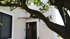 A building with a white facade, a black door, and two potted plants on the steps. - B&B Guest Armonie (Torre del Greco)
