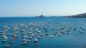 A coastal area with numerous boats anchored in the water, a prominent rocky outcrop in the distance, and a town with buildings on the right.