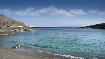 Private beach, beach umbrellas, beach towels