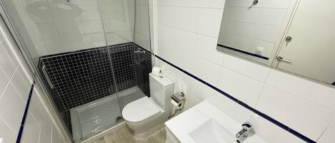 Un baño con ducha, inodoro, lavabo y espejo.