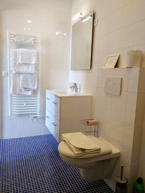 Dusche, Haartrockner, Handtücher, Seife
