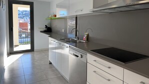 A modern kitchen with stainless steel appliances, a dishwasher, and a built-in oven. - Agi Riera Ginjolers 3B Apartamento for rent in Roses Girona. (Roses)