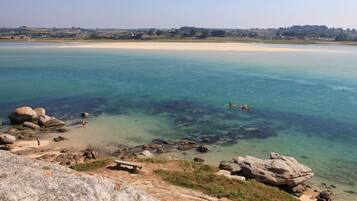 On the beach, sun-loungers