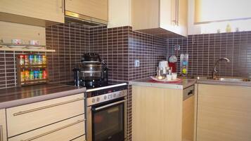 Apartment | Private kitchen | Full-size fridge, microwave, oven, stovetop