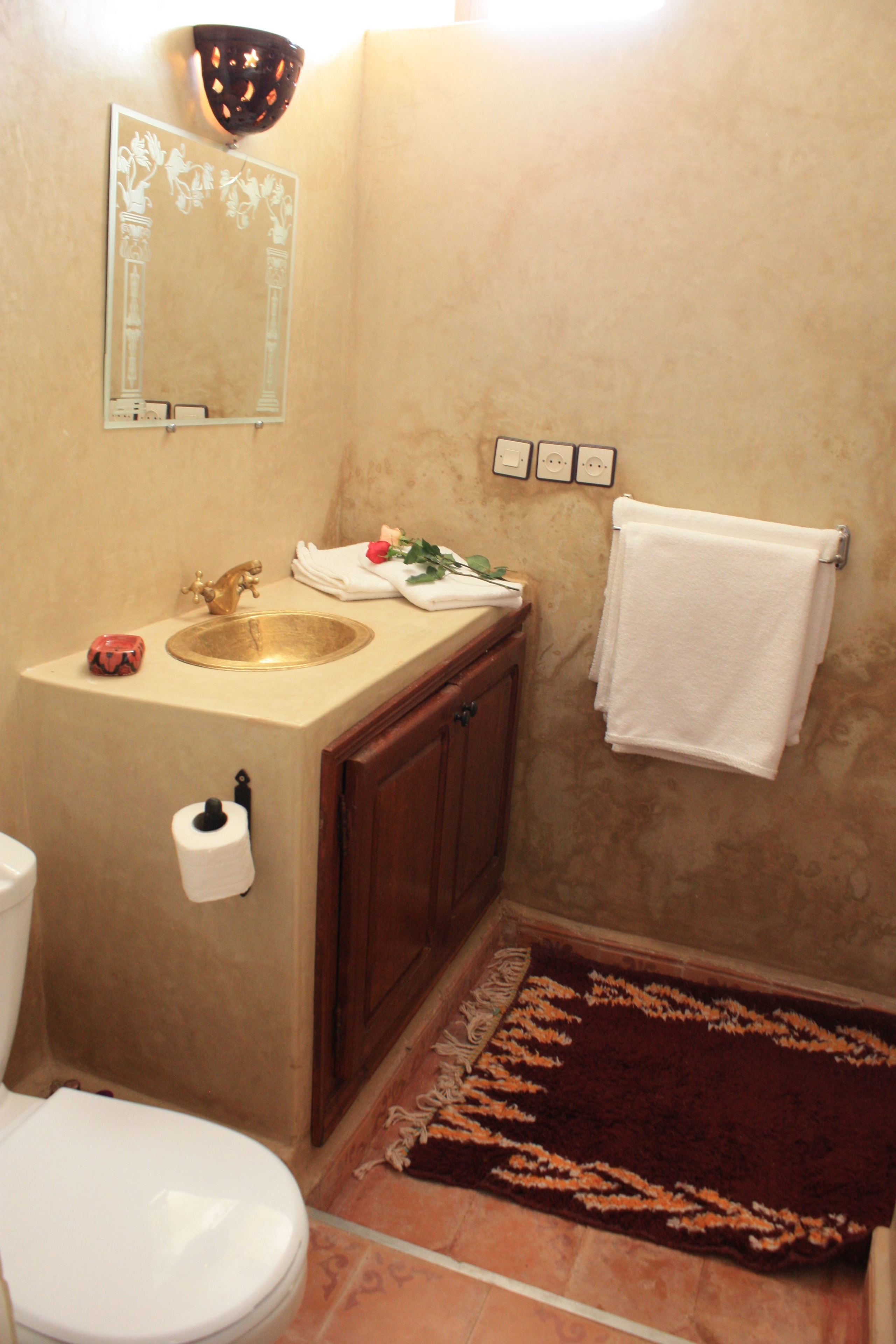 A bathroom with a toilet, sink, mirror, towel rack, and patterned rug.