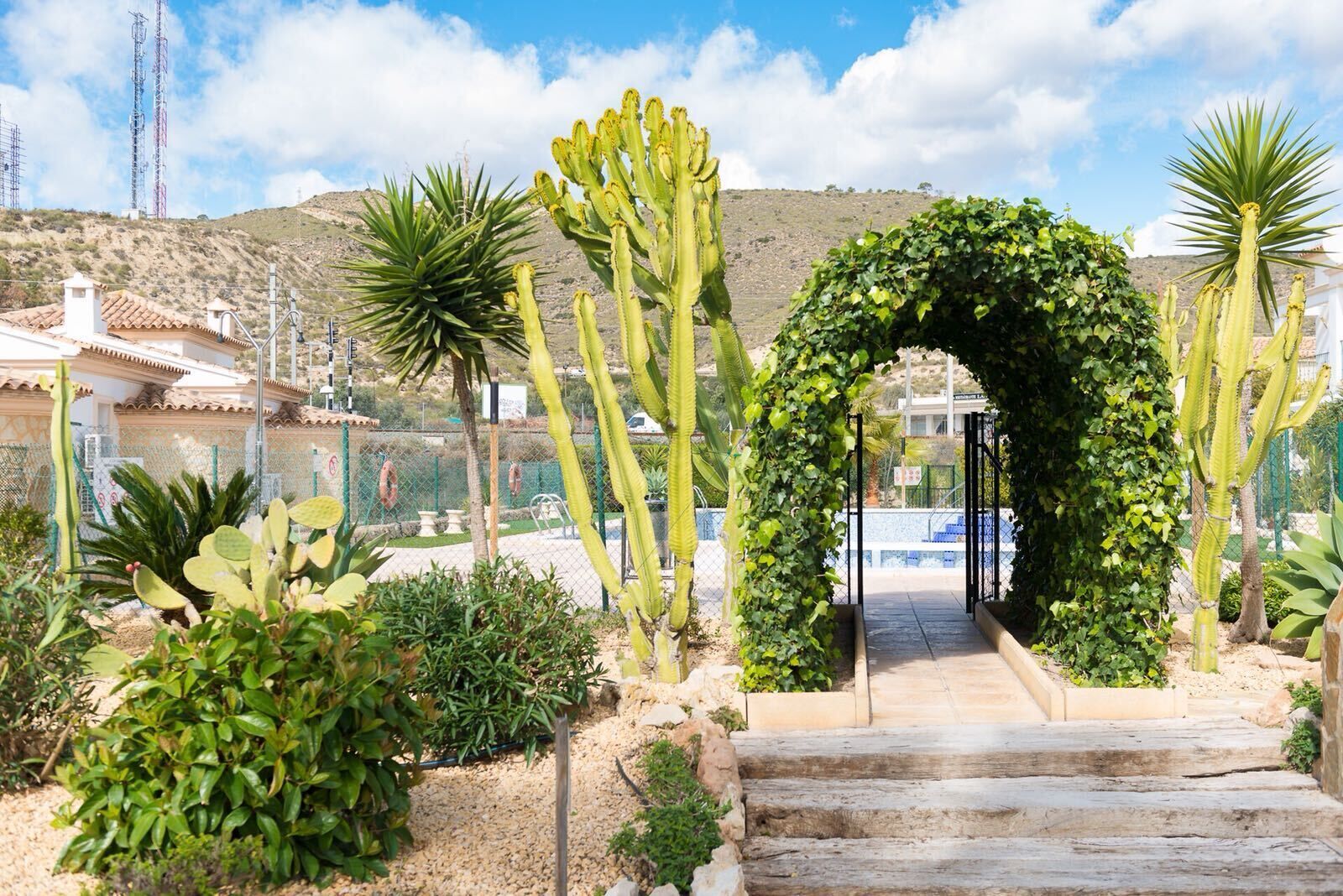 A garden pathway leading to a covered entrance, surrounded by various cacti and plants.
