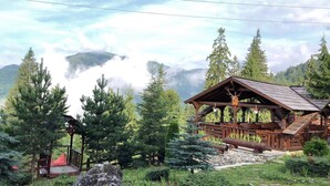 A wooden cabin with a porch, surrounded by evergreen trees and a stone pathway.