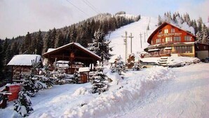 A snow-covered mountain lodge with a wooden cabin and a larger building with a sign reading "Centrum SPA Alpina Blazna".