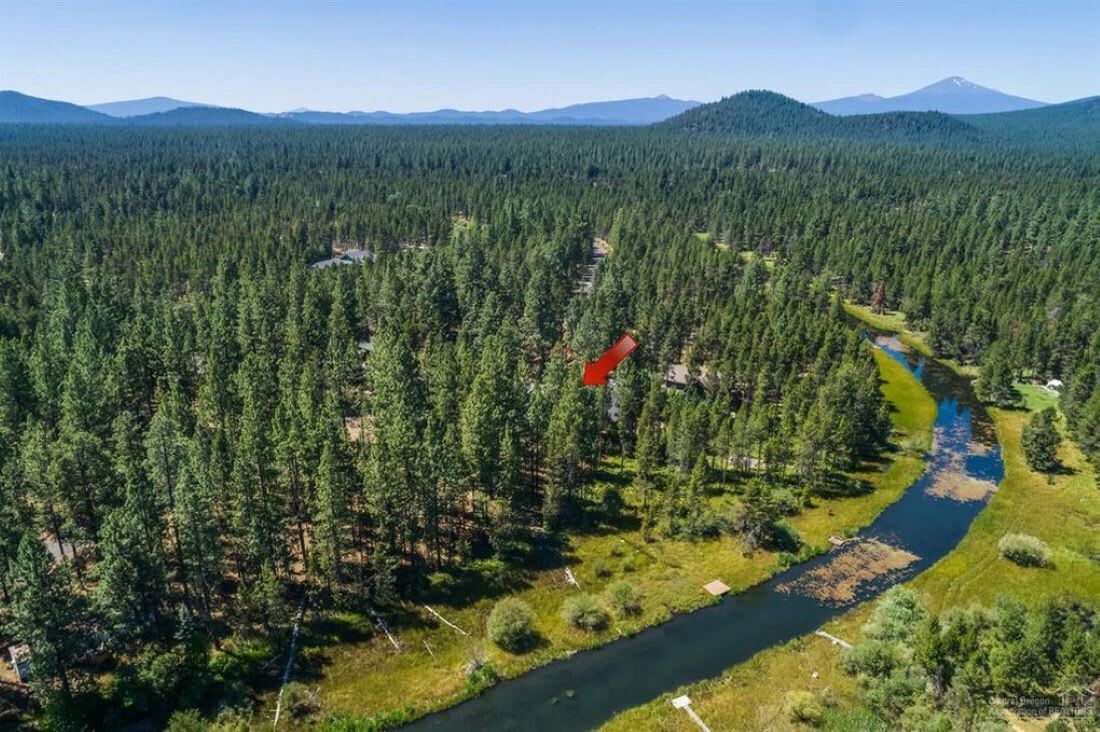 An aerial view of a forested area with a river, a small building, and a mountain in the background.