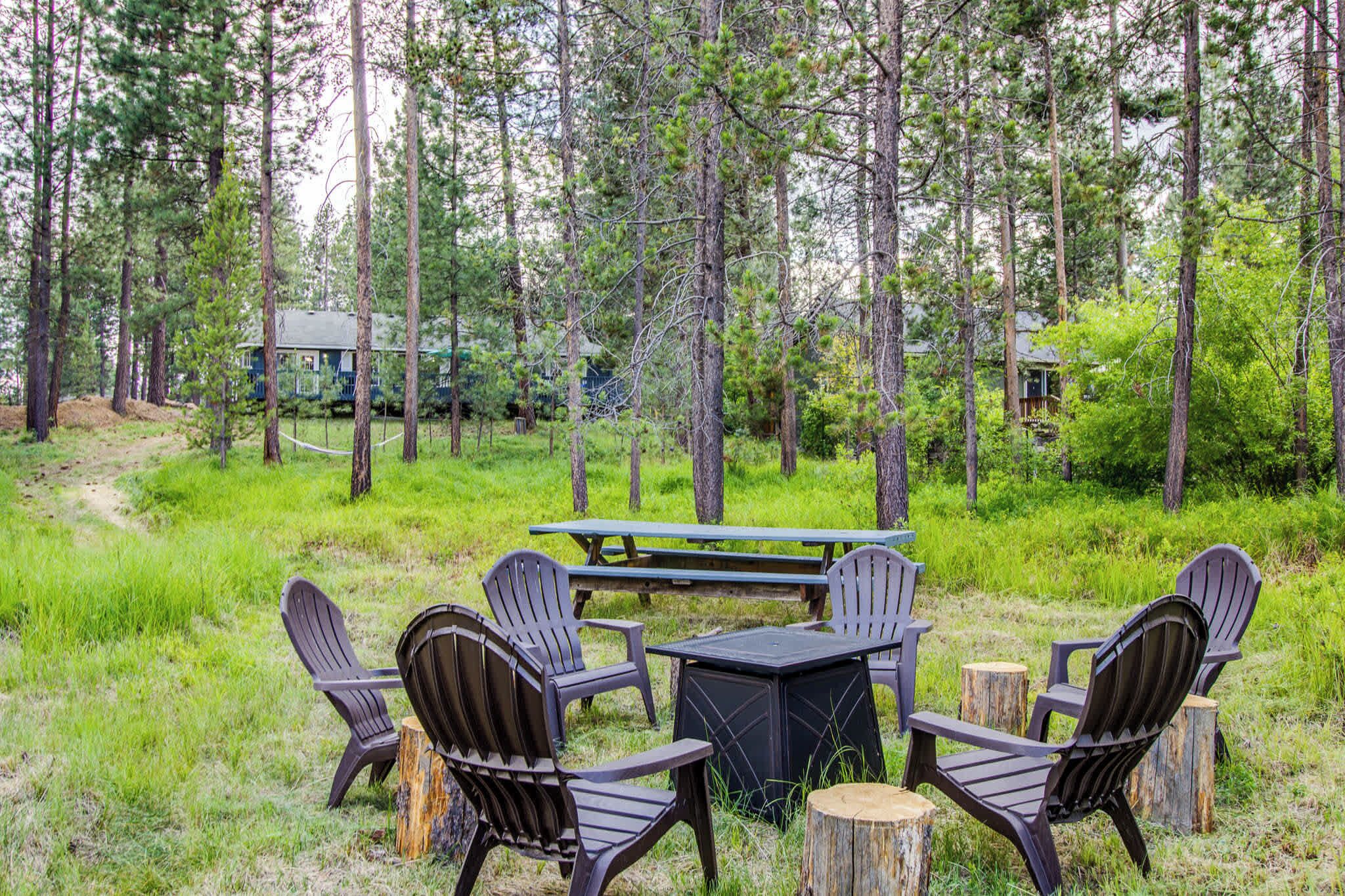 Un espacio al aire libre con mesa de picnic y sillas Adirondack, rodeado de un bosque.