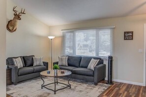 Televisión, chimenea y oficina 