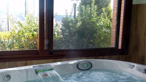 Un bain à remous agrémenté d’une fontaine, installé devant un mur en bois et offrant une vue sur la verdure environnante.