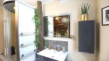 Hair dryer, towels, soap, shampoo