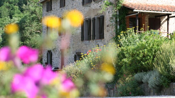 A stone building with multiple windows and a tiled roof, surrounded by lush greenery and flowering plants. - Large gîte by the river, private terrace,  (Le Tech)