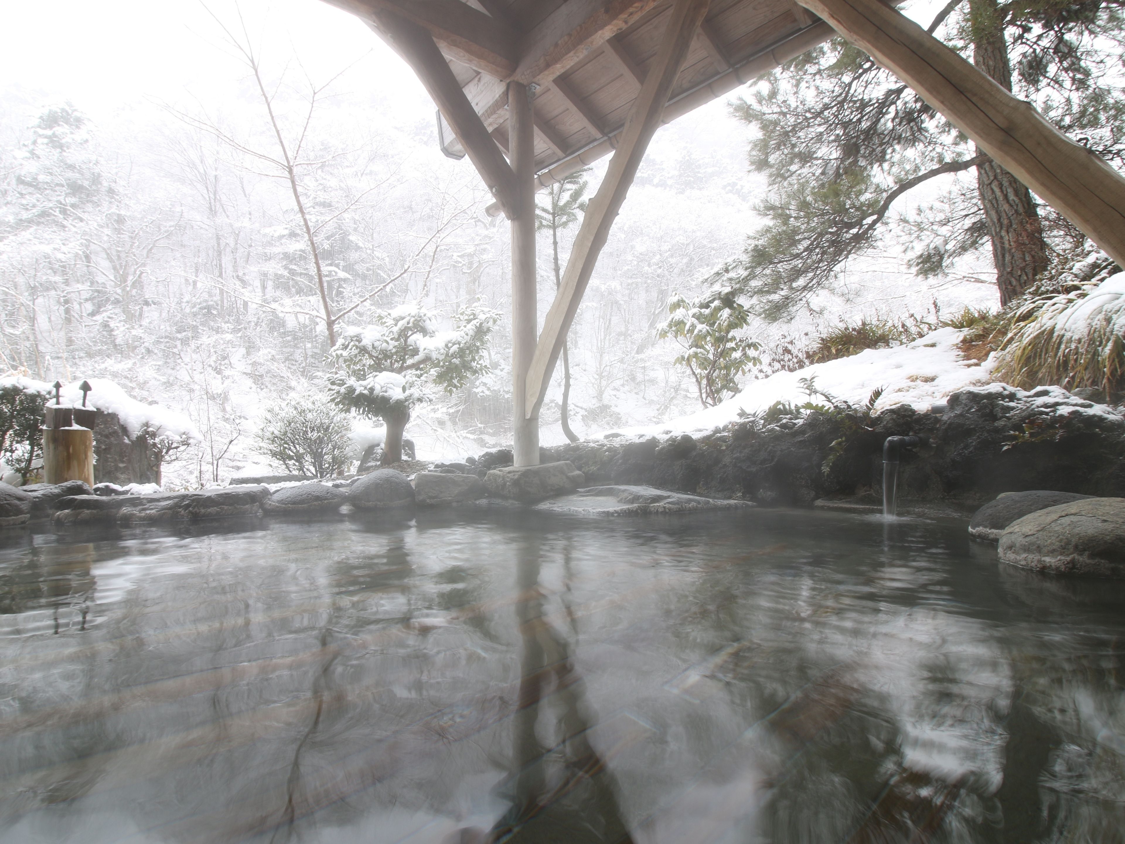 A serene hot spring area with a wooden structure overhead, surrounded by snow-covered trees and rocks.