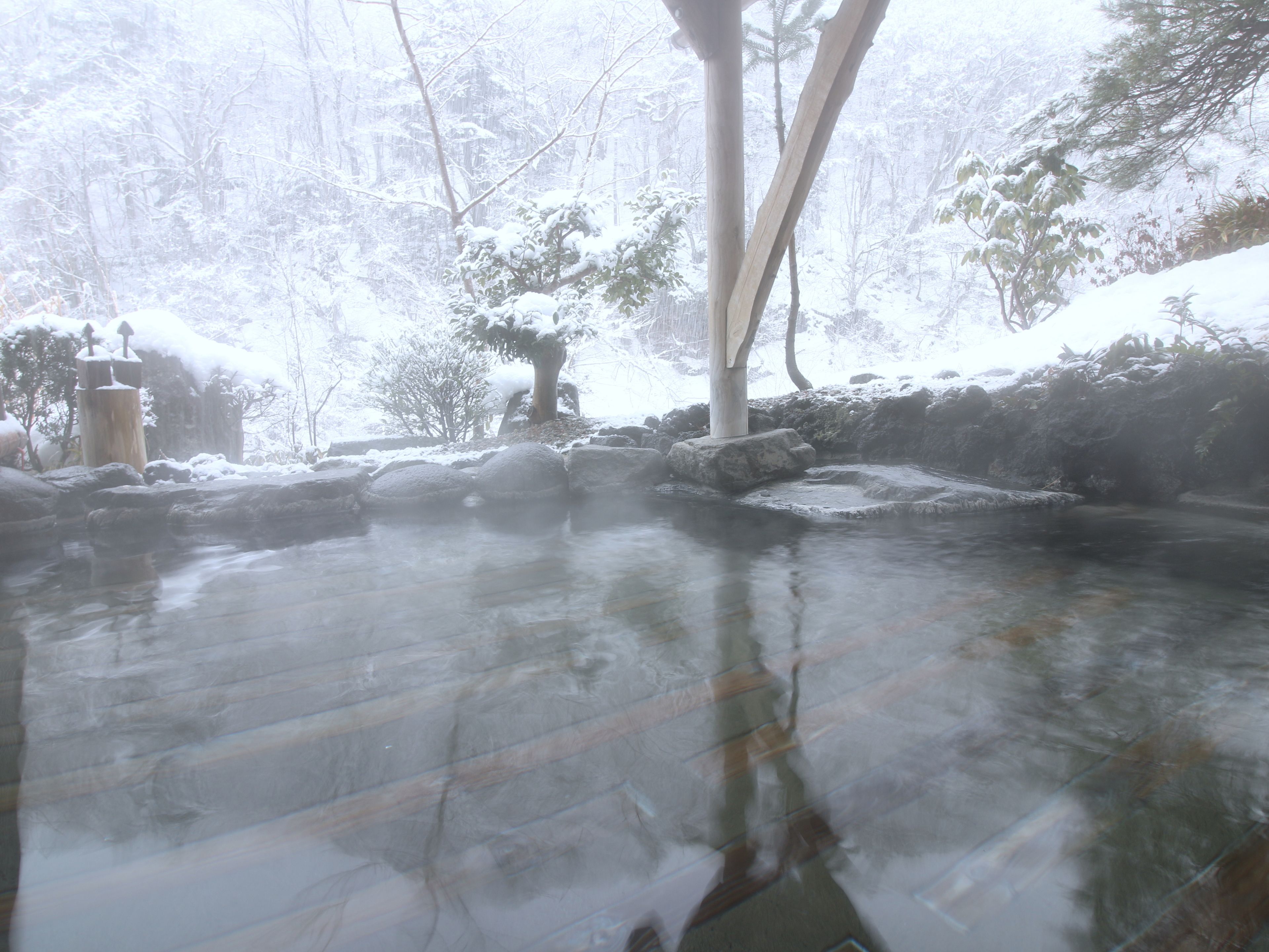 A hot spring surrounded by snow-covered trees and rocks.