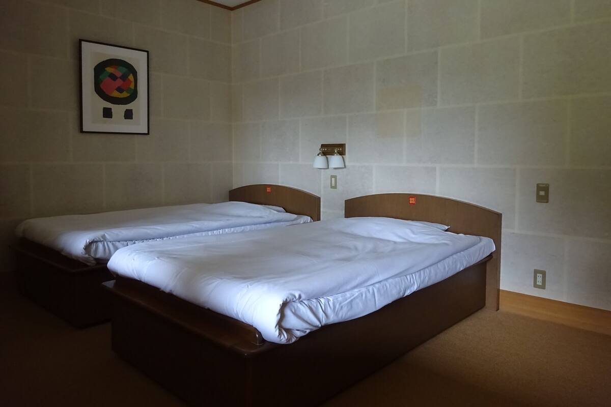 Una habitación de hotel con dos camas, una lámpara fijada a la pared y un cuadro enmarcado.