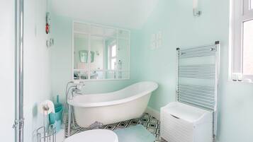 Combined shower/bathtub, hair dryer, towels, soap