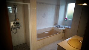 A bathroom with a walk-in shower, a bathtub, and a sink. - Cottage 4 people for lovers of the countryside (Poiseul-la-Ville-et-Laperrière)