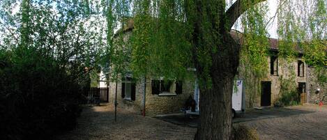 A rustic stone building with a large tree in front, a gravel path, and a small bench.