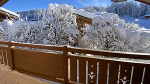 A wooden balcony with snow-covered trees and a clear blue sky. - Chalet Individual warm  (Megève)