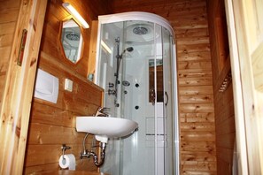 Combined shower/tub, hair dryer, soap