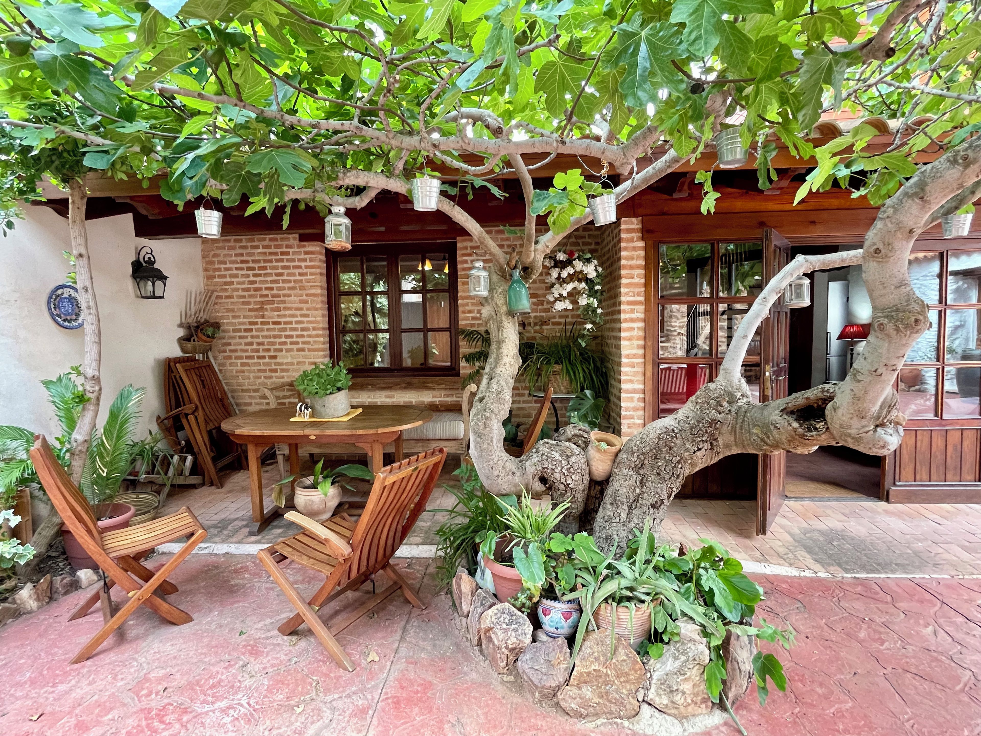 A patio area with a wooden table and chairs, surrounded by potted plants and a brick wall.