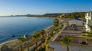 A coastal hotel with a terrace overlooking the sea, palm trees, and a clear view of the beach and distant mountains. - Tranquil and Relaxing Beachfront Condo with Exceptional Views! (Los Barriles)