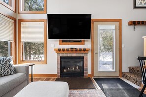 Televisión, chimenea y reproductor de DVD 