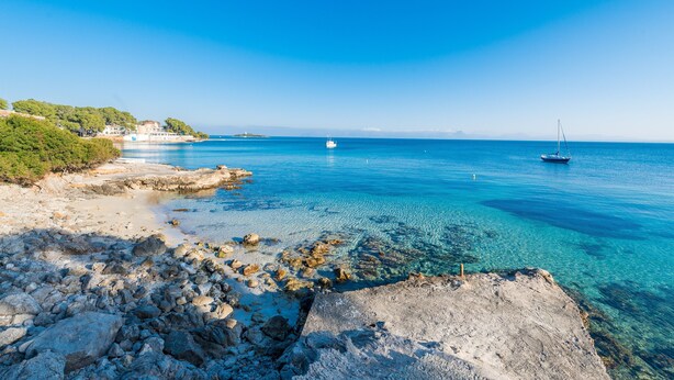 A coastal landscape with clear blue waters, rocky shore, and buildings on a hillside. - SUN OF ALCANADA - Apartment with sea views in Alcanada. Free WiFi (Alcúdia)
