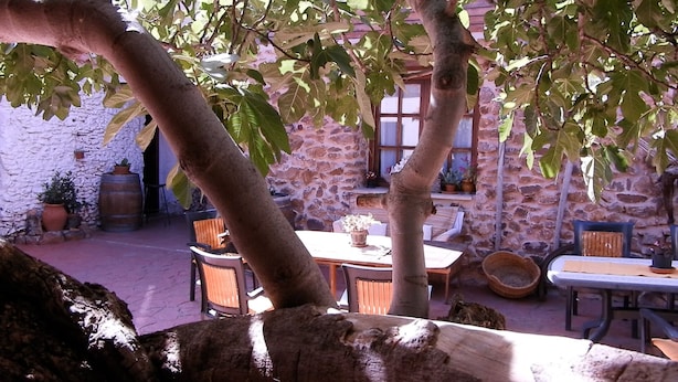 An outdoor patio with stone walls, wooden furniture, and potted plants. - Self catering Vallehermoso for 12 people (San Carlos del Valle)