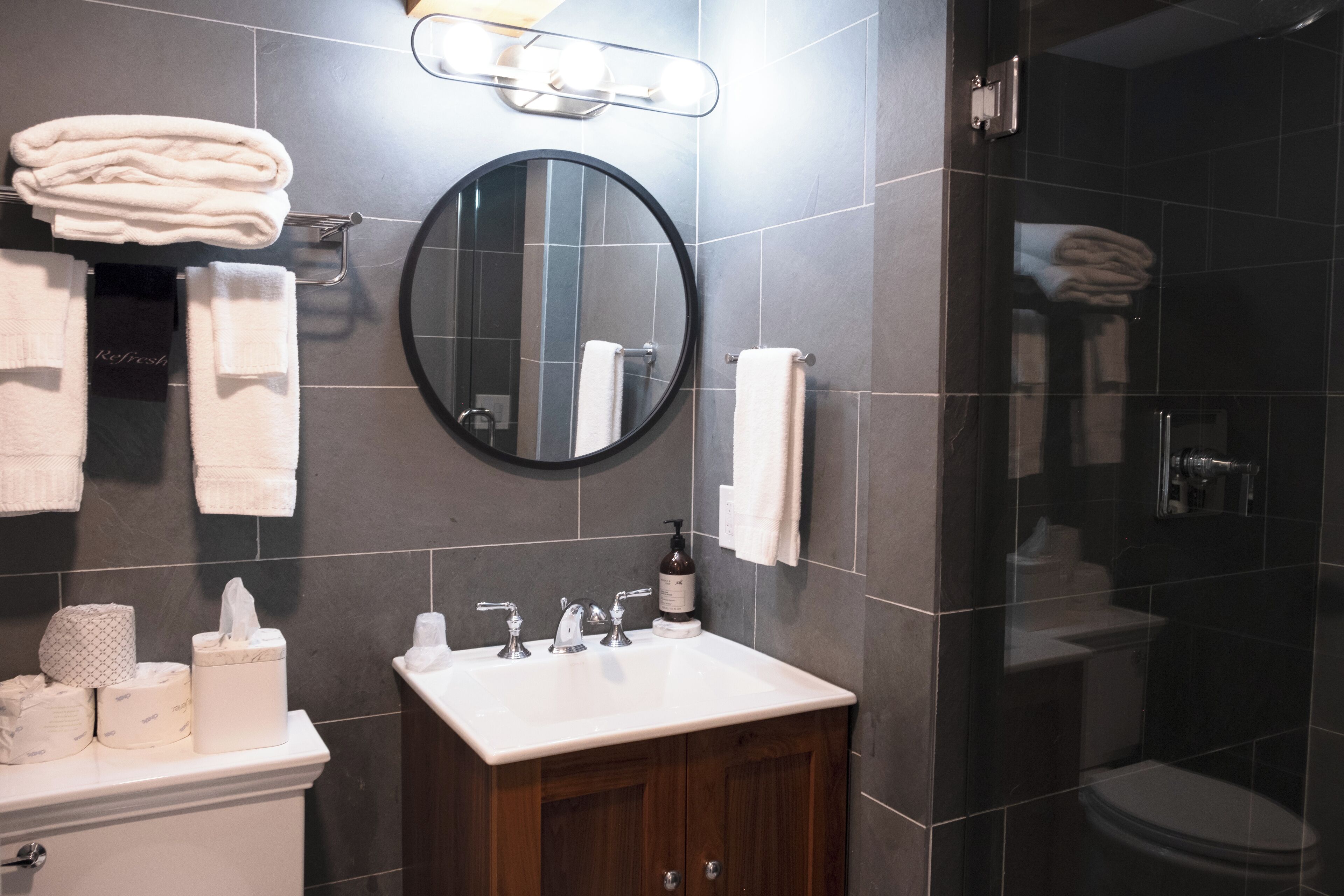 basic room, 1 king bed | bathroom | shower, hair dryer, towels, soap