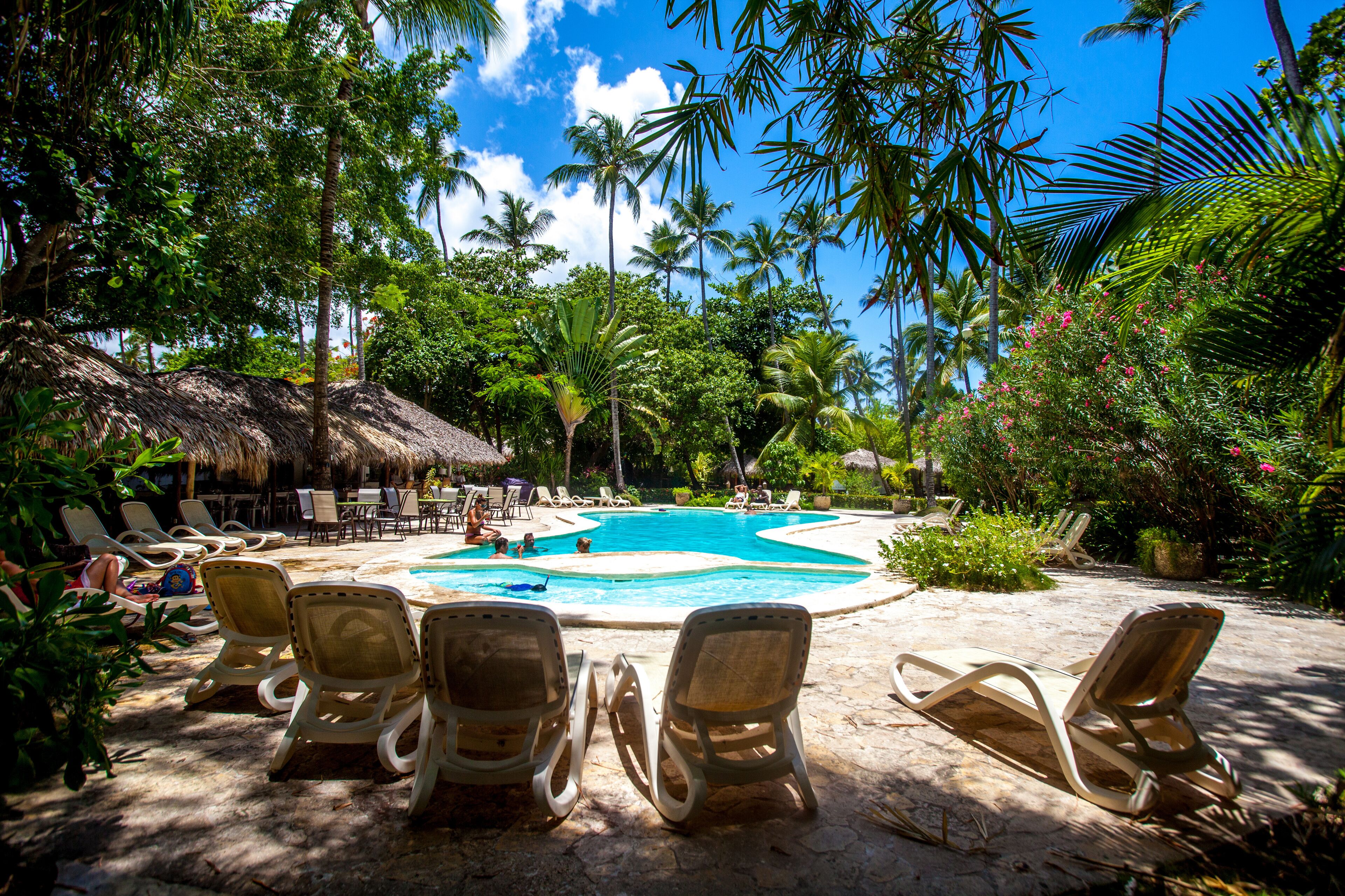 A pool area with lounge chairs and a thatched-roof structure.