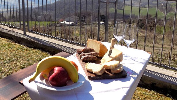 A picnic setup with a plate of fruit, bread, and cheese, and two wine glasses on a table, overlooking a scenic landscape with mountains and a fence. - CA'LAMBRUSCO App. CRI (4 + 2 PEOPLE) (Smirra di cagli)
