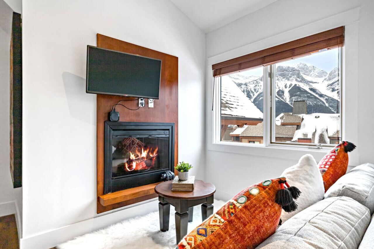 Smart TV, fireplace, books