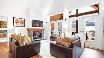 Smart TV, chimenea y libros